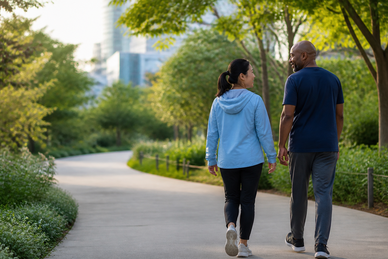 Dos personas caminando en un parque arbolado.