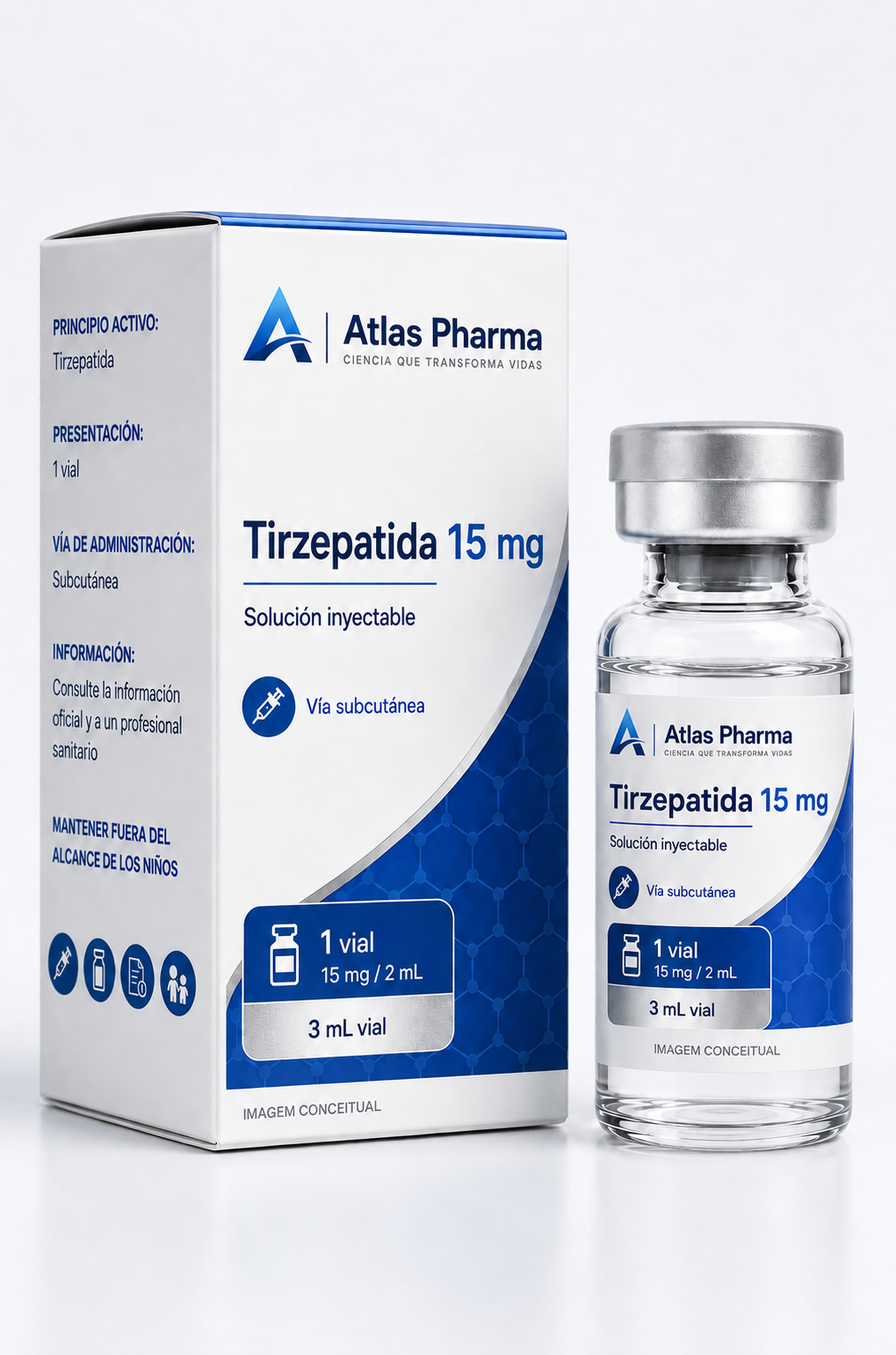 Imagen conceptual de una caja y un vial de Tirzepatida 15 mg de Atlas Pharma