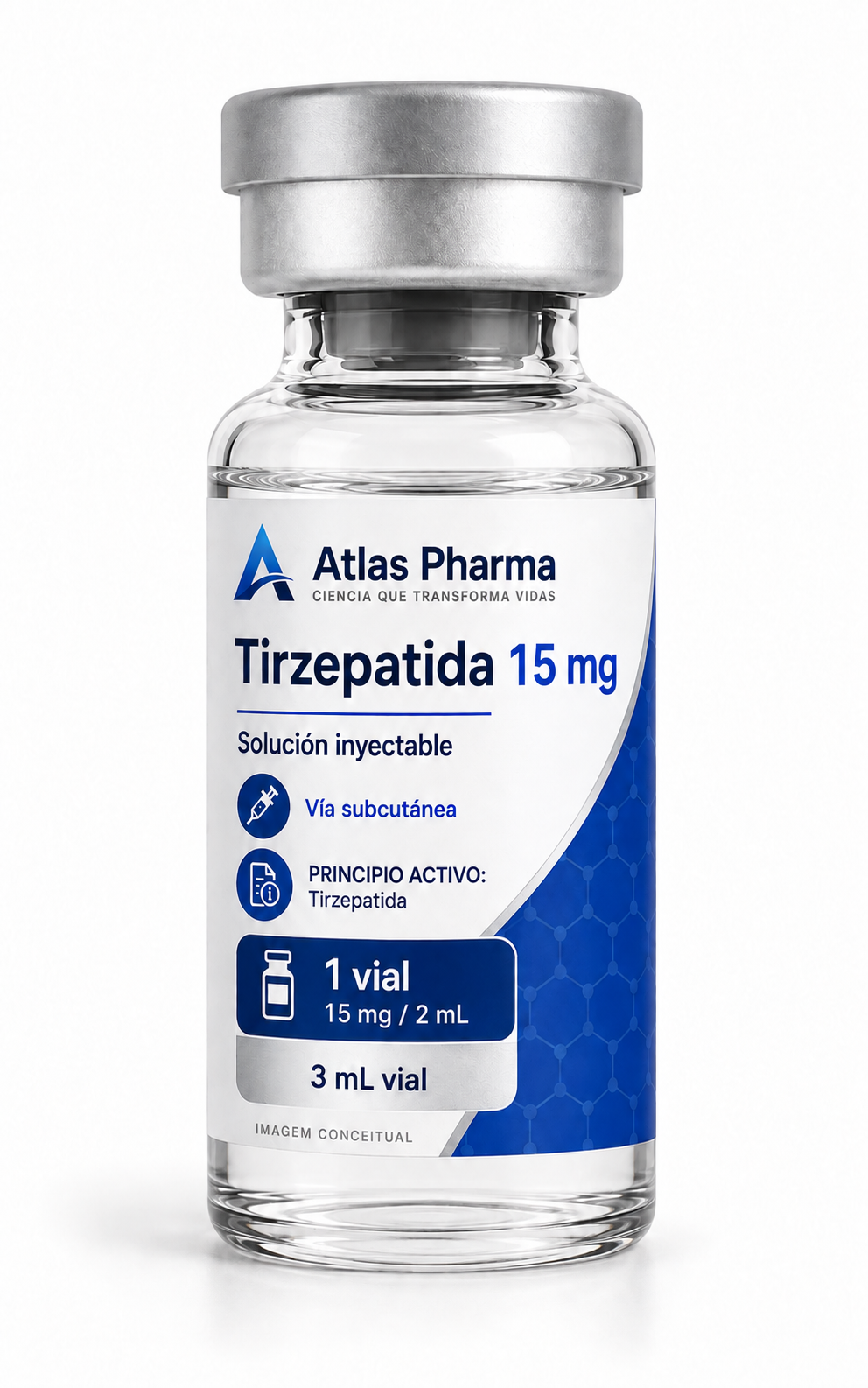 Imagen conceptual de un vial de Tirzepatida de Atlas Pharma